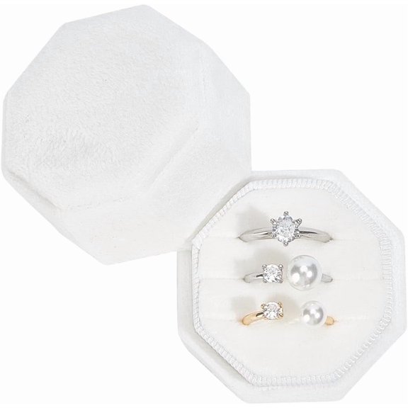 White Velvet Ring Box 3 Slots Octagon Couple Jewellery Ring Holder Box Storage with Detachable Lid for Proposal Engagement Wedding Ceremony Anniversary Birthday Gift 2x2x1.96 inch