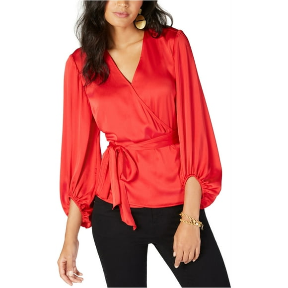 I-N-C Womens Blouson Sleeve Wrap Blouse, Red, X-Small