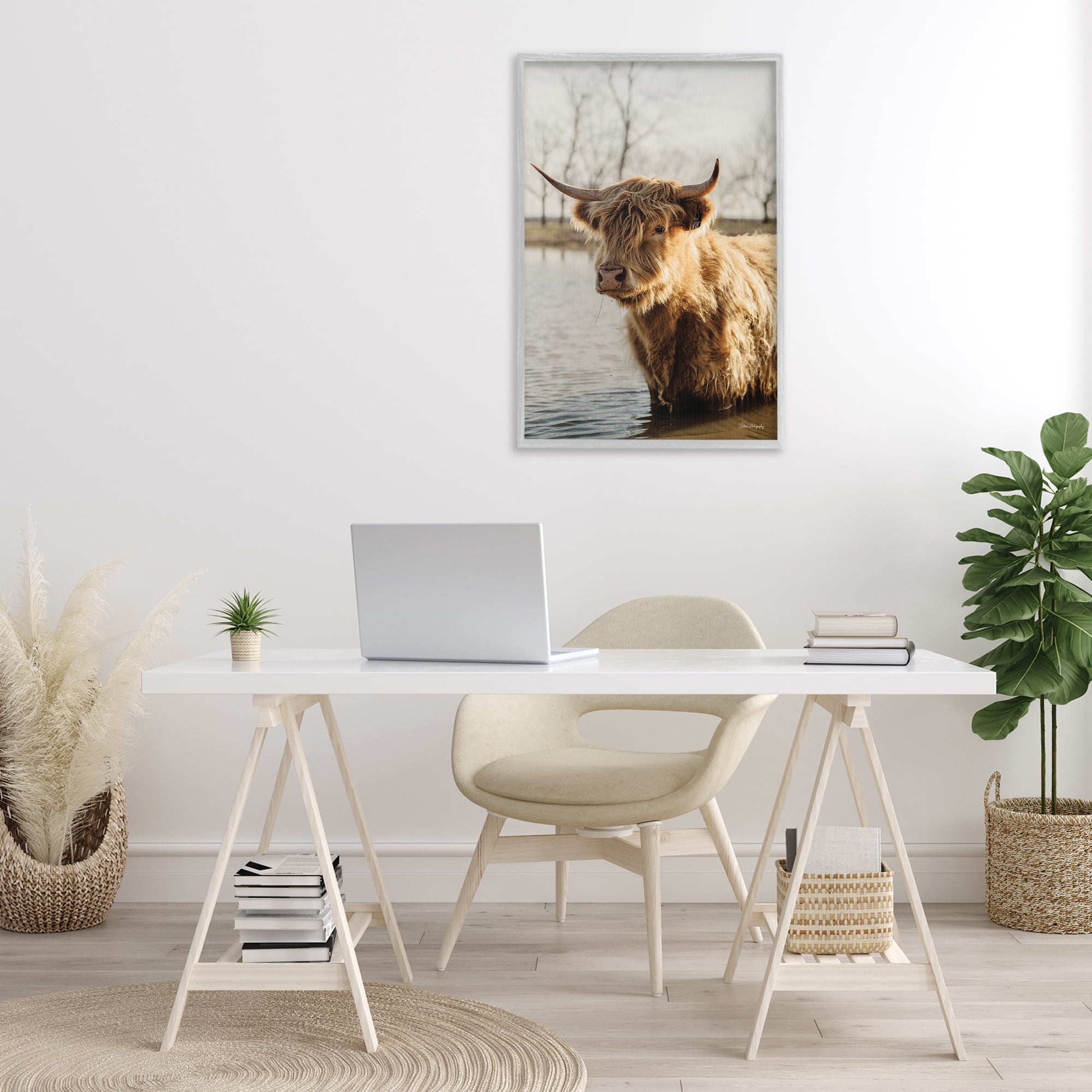 Stupell Industries Peering Cattle in Water Animals & Insects Photography Gray Framed Art Print Wall Art, 20 x 30