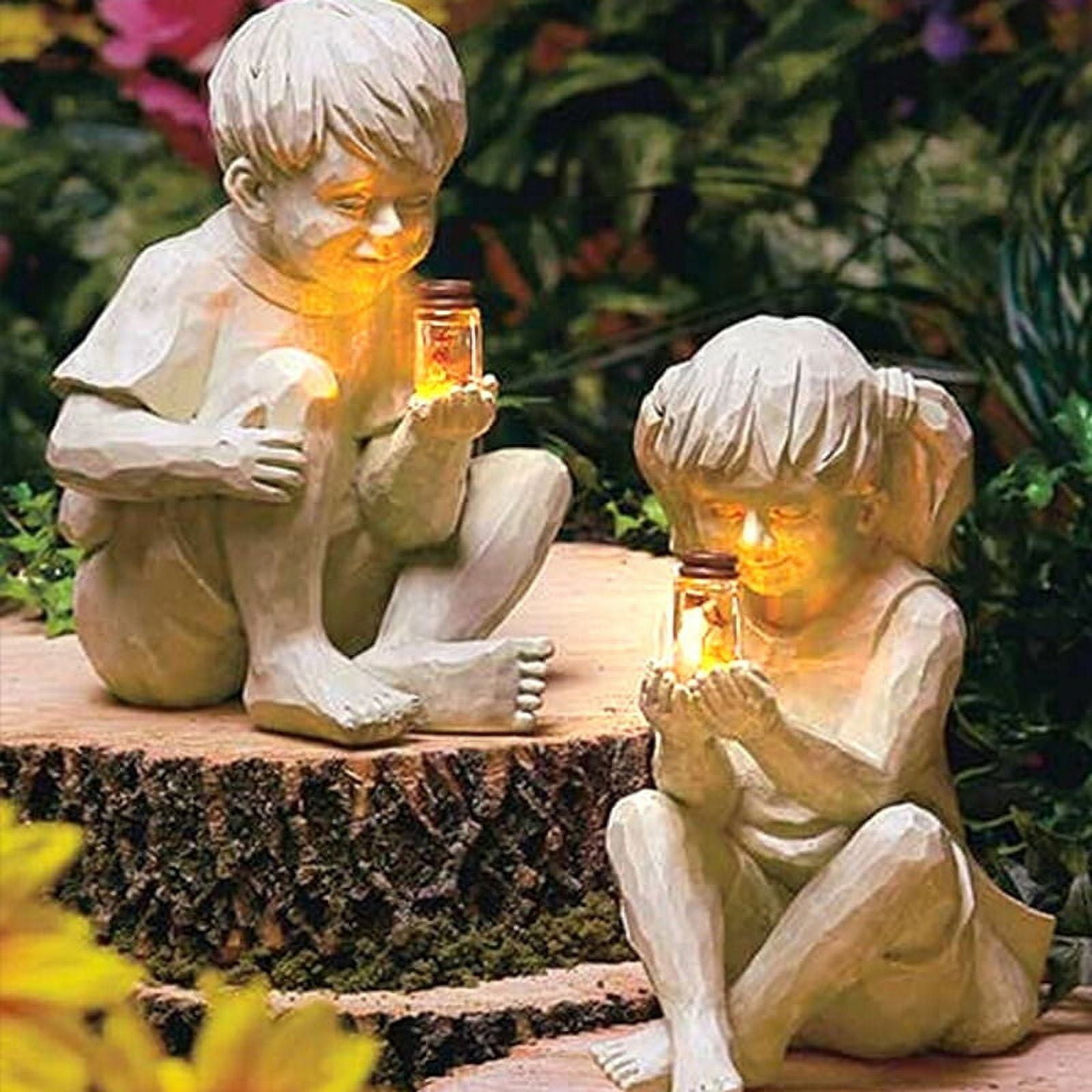 VeliToy A Kid With Solar Fireflies Garden Statue Resin Jar Boy Girl Statue  Whimsical Flowerbed Yard Outdoor Sculpture Decor(Boy) 