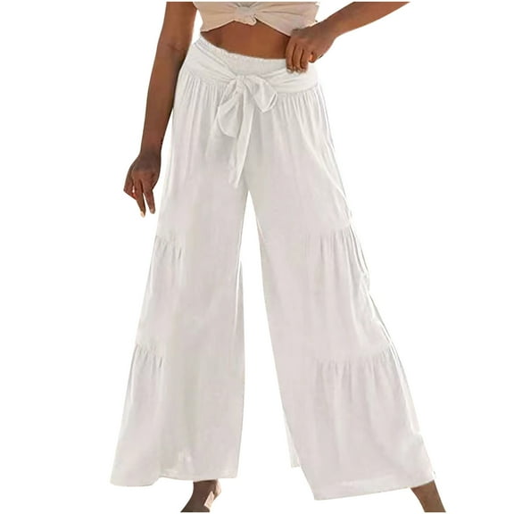 Women's Wide Leg Pants Solid Belted High Waist Cotton Linen Palazzo Pants Casual Comfy Loung Pants for Beach Vacation(XL,White)