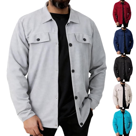 Men Casual Waffle Shirt Jackets Loose Classic Lapel Long Sleeve Button Shacket Comfy Solid Color Sping Fall Tops With Pockets