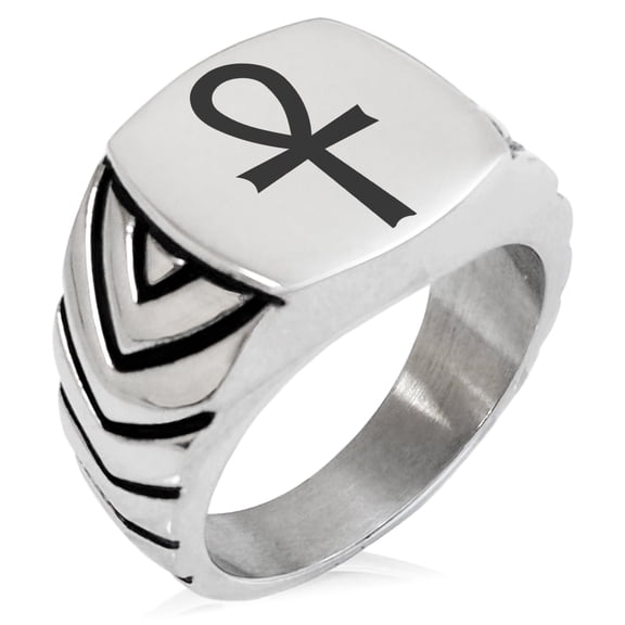 Tioneer Stainless Steel Egyptian Ankh Cross Chevron Pattern Biker Style Polished Ring