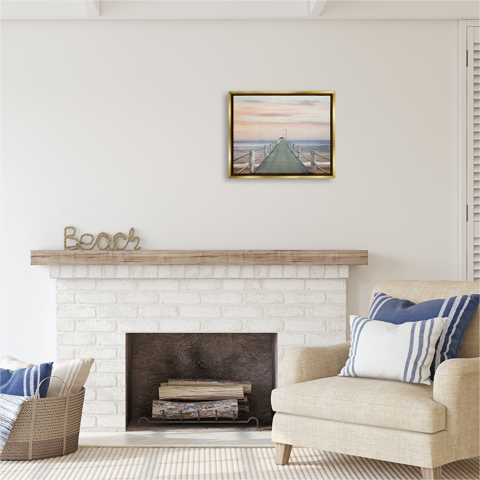 Stupell Industries Nautical Pier Walkway Landscape Painting Gold Floater Framed Canvas Art Print Wall Art, 21 x 17