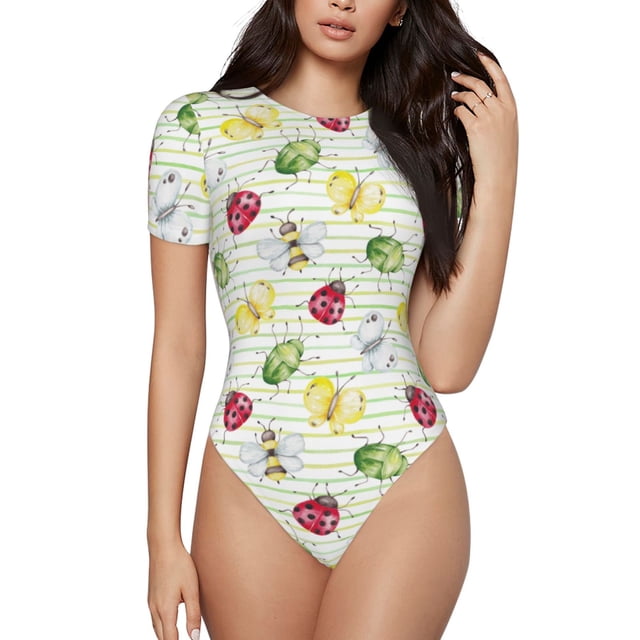 Balery Insects Body de cuello redondo de manga corta para mujer Tops de manga corta Tops básicos-Large