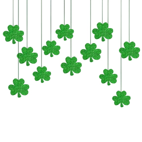 DAMAI 12 Pcs St. Patrick’s Day Shamrock Decorations - 4.7 inch Glitter Green Lucky Shamrock Hanging String Garland, Irish Lucky Day Clover St. Patty's Day Hanging Ornaments Party Supplies
