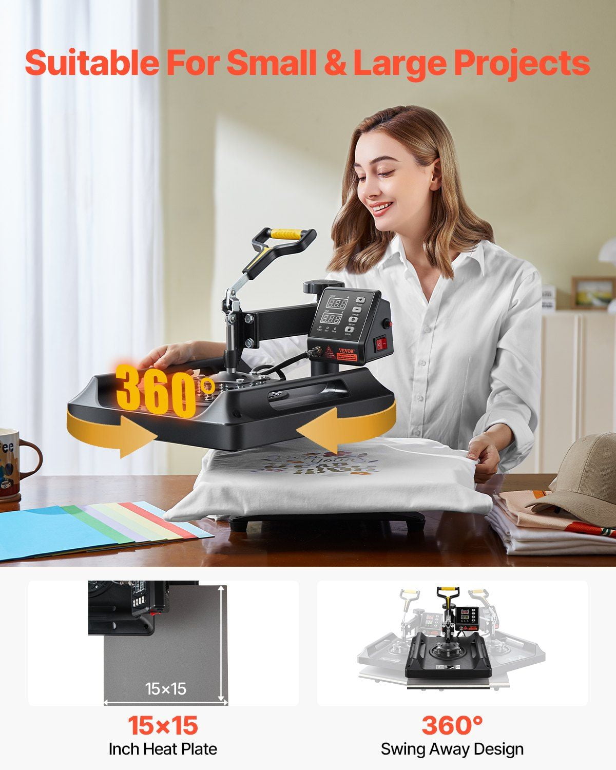 15x15 Inch Sublimation Heat Press Machine - 8-in-1 Combo with Mug, Hat & Plate Press Attachment (Black, Digital Control)