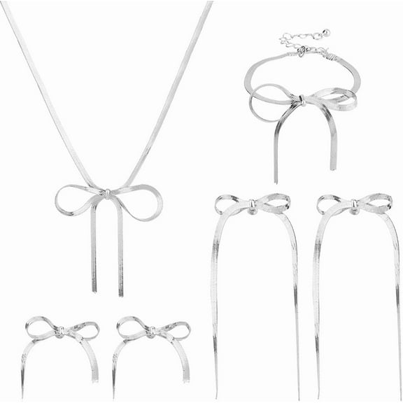 Silver Bowknot Jewelry Set Including Drop Dangle Earrings Choker Necklace Ribbon Stud Earrings for Women Bride Wedding Party