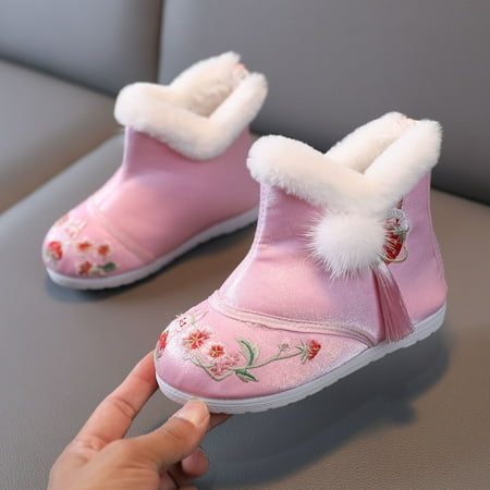 

Children Shoes Girl Winter Cotton Boots Vintage Embroidered Cloth Boots Plush Inside Of Hanfu Shoes