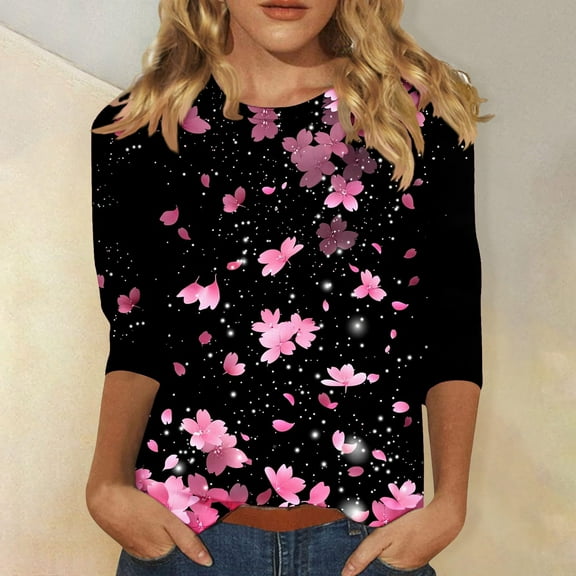 Danhjin Womens Summer Tops Casual 3/4 Sleeve Shirts Cre W Neck Printed Tshirts Loose Casual Summer Beach Vacation Blouses