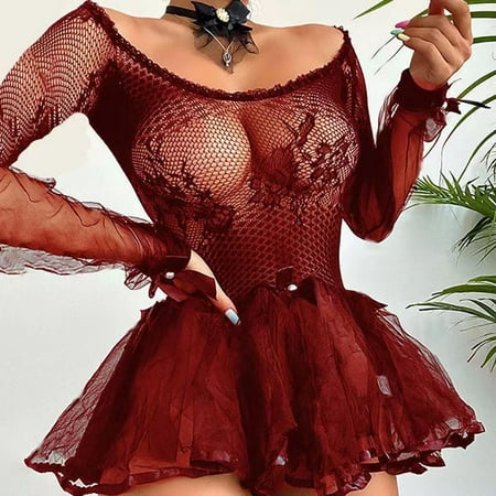 

Qcmgmg Sexy Chemise Bodysuit for Women Nightgown Long Sleeve Sleepwear Lingerie Women Mesh Babydoll XXXXL