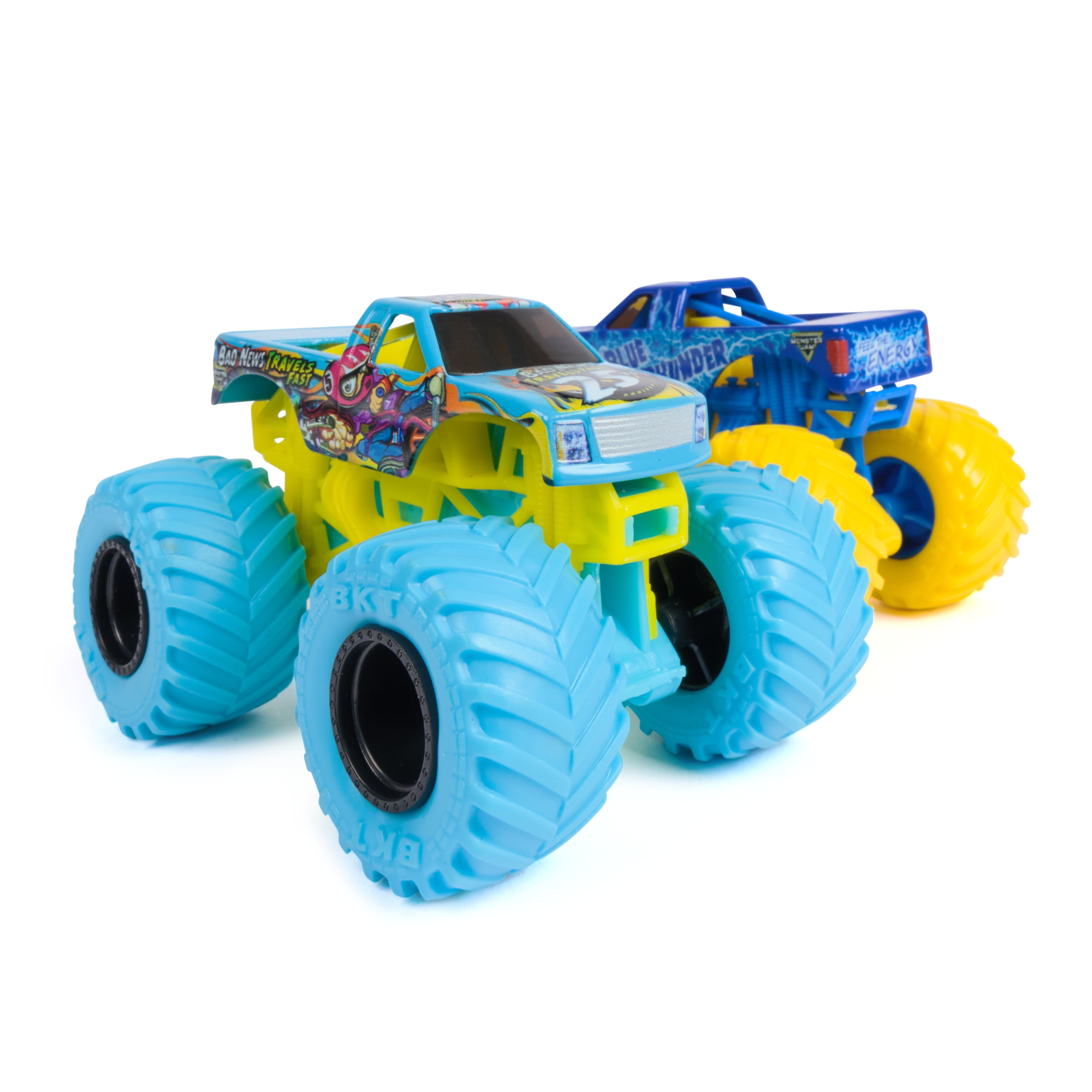 Monster Jam, Blue Thunder Vs. Bad News Travels Fast Die-Cast Monster Trucks, 1:64 Scale, Kids Toys for Boys Ages 3 and up