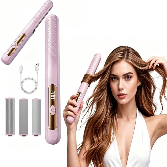 Soapow Cordless Hair Straightener with 3 Interchangeable Plates, Portable Curling Iron, Hair Curler 3 Temp Settings Fast Heating for Travel Home Hair Styling