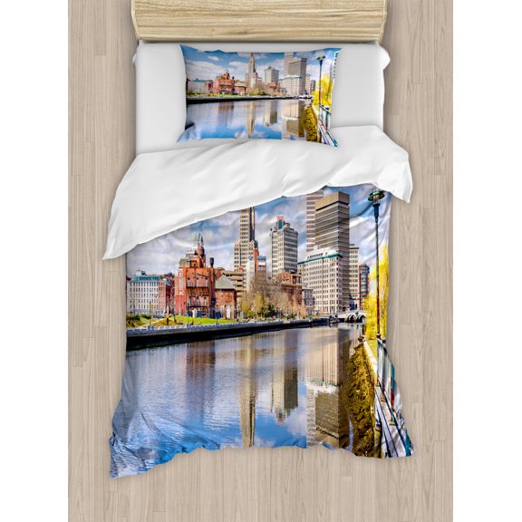 United States Duvet Cover Set Twin Size, Providence Rhode Island Riverfront Spring Season Water Reflection Buildings, Decorative 2 Piece Bedding Set with 1 Pillow Sham, Multicolor, by Ambesonne