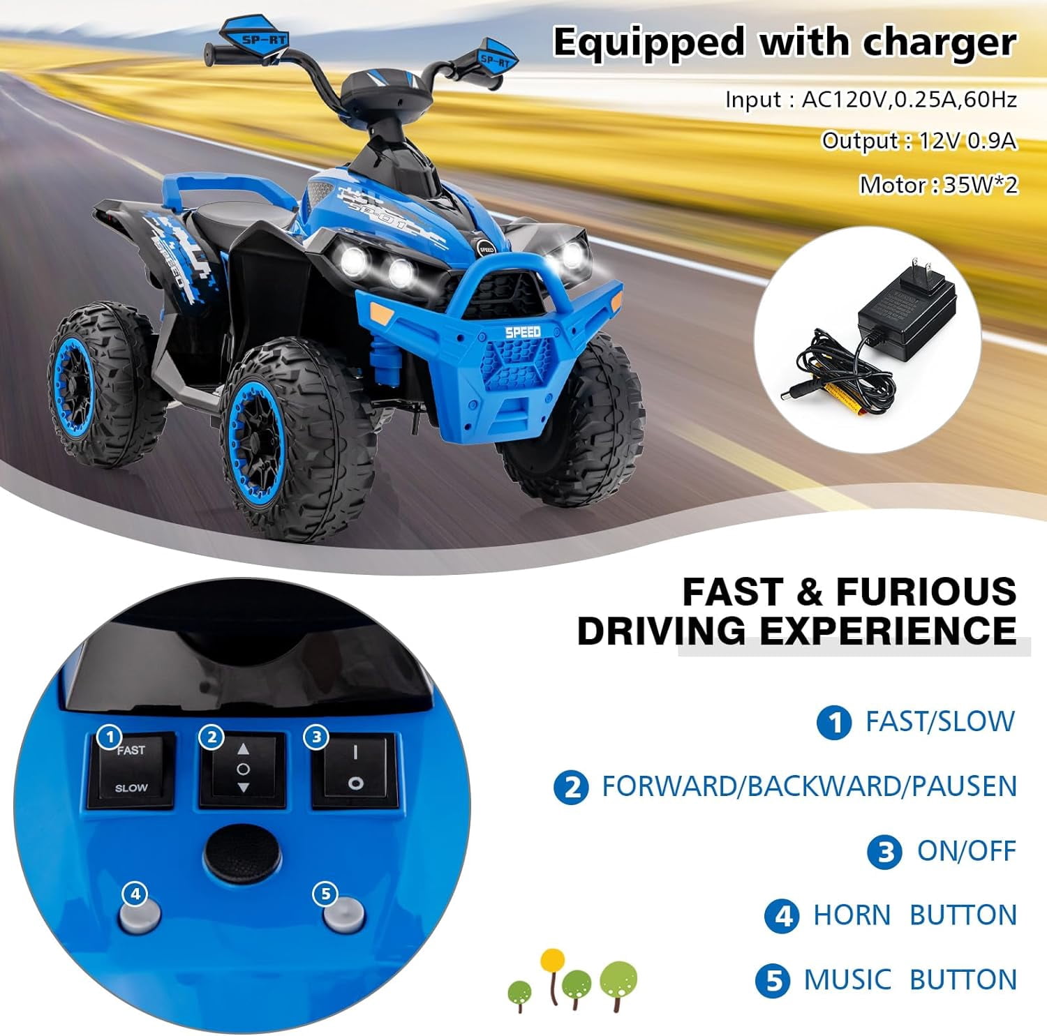 OLAKIDS Kids Ride on ATV, 12V 4 Wheeler Quad Toy Vehicle with Music, Horn, High Low Speeds, LED Lights, Electric Ride On Toy, Battery Powered Wheels Car for Children 3-8 Years Old