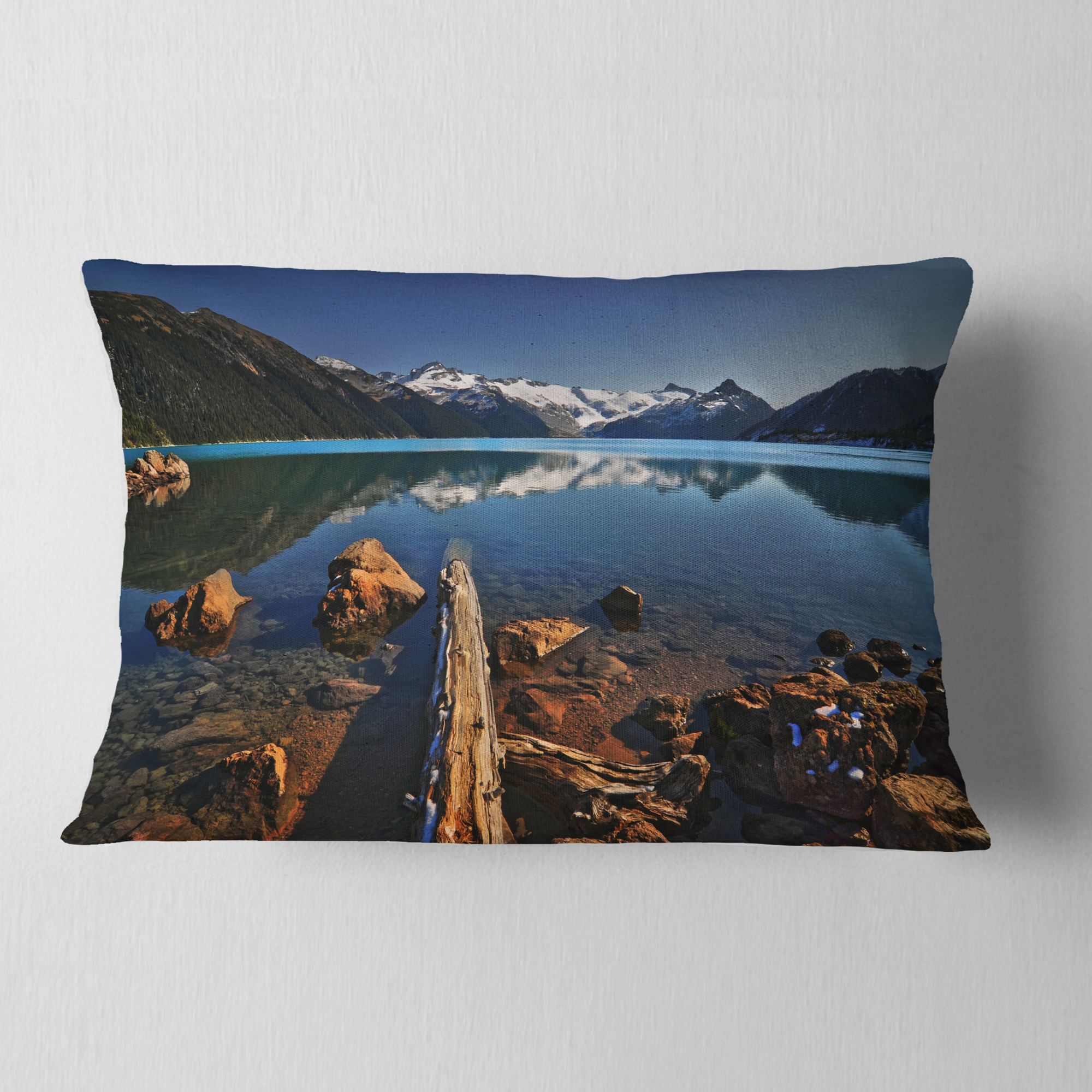 Designart Large Logs in Mountain Lake - Landscape Printed Throw Pillow - 12x20