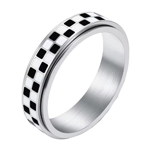 HIJONES Women Men's 6mm Rotatable Black White Checkered Ring Stainless Steel Personalized Ring Band Jewelry Silver Size 8