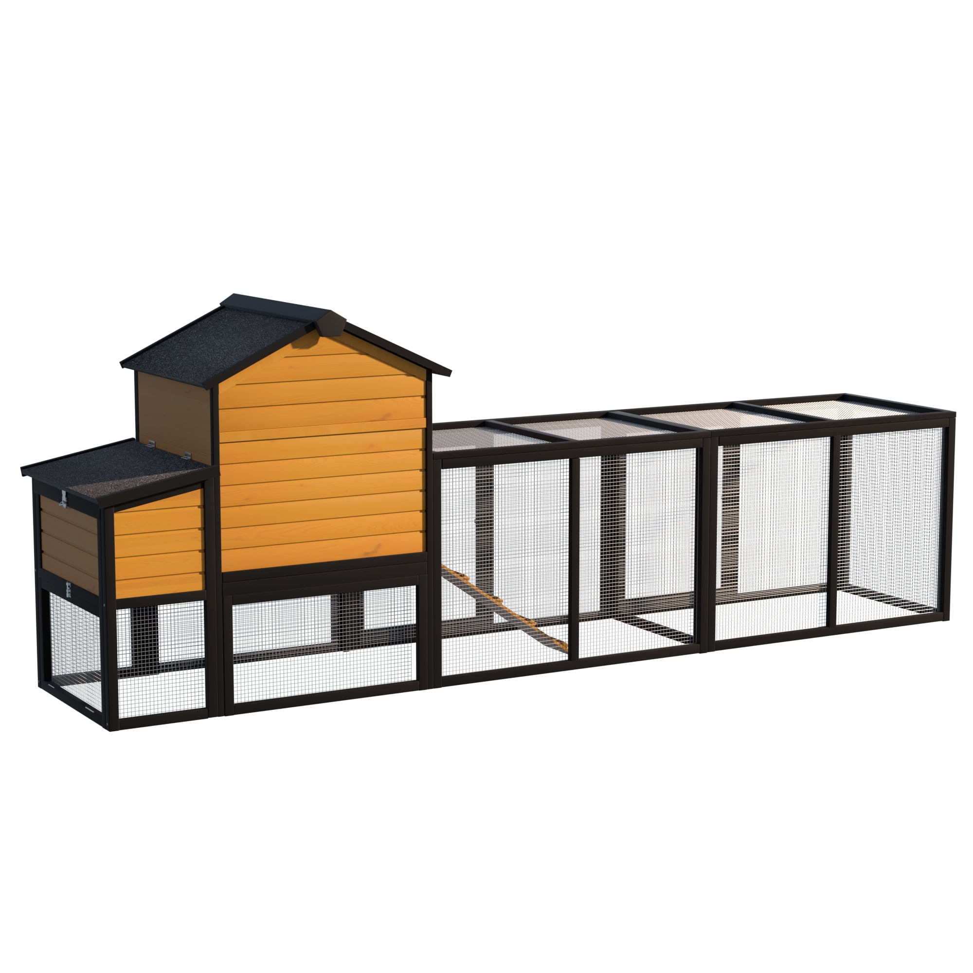 Outdoor Wooden Chicken Coop with Run, 7 Doors, Pull-Out Tray, Nesting Box & Ramp, Backyard Poultry House for 2, 4 Chickens, Expandable Design