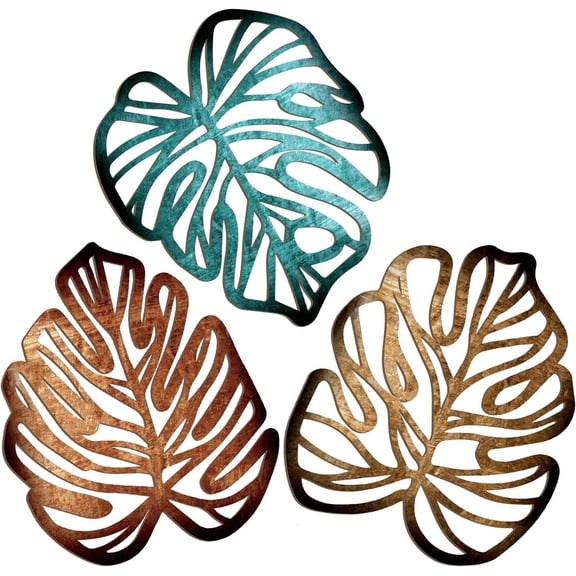 Namzi Wall Sculptures 3 Pcs Wooden Wall Art 30x25x0.5cm Palm Leaves Tropical Leaf Decor, Boho/Plant Wall Decor for Kitchen, Bedroom, Living Room,Blue,Brown,Light Brown
