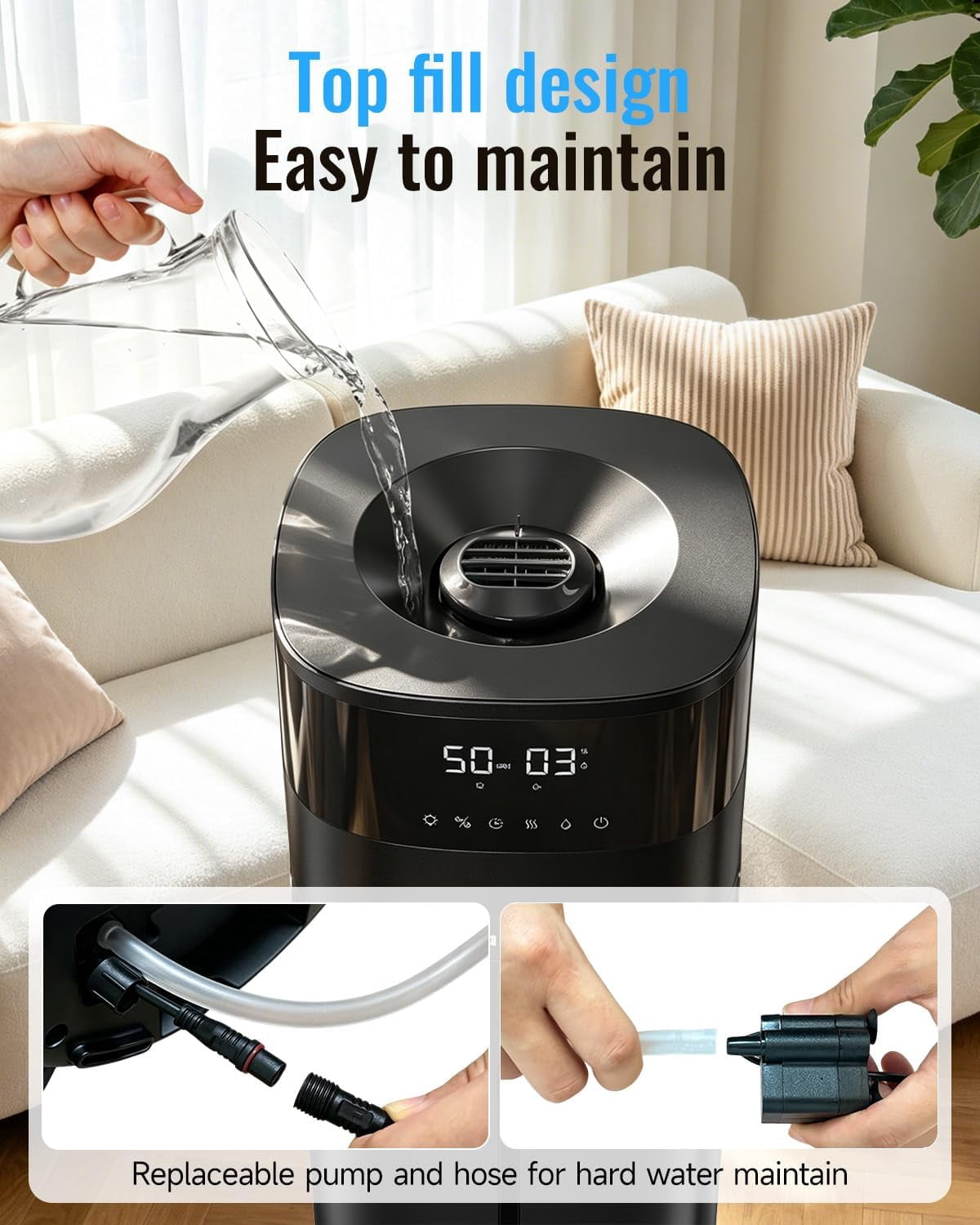 Large Room Humidifier, Cool & Warm Mist, 20L/5.3Gal Whole House Humidifier with Essential Oil Diffuser, Extended Tube, Covers up to 2000 Sq ft, Black