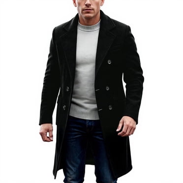 Men's Casual Wool-Blend Overcoat with Pockets, Black, Size L