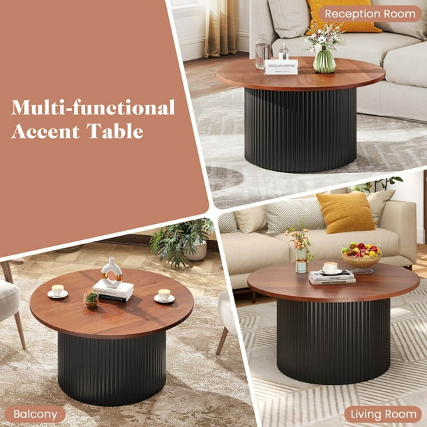 Table basse contemporaine ronde en verre avec base en chêne massif pour la maison - Brun marron L 80 x l 80 x H 33 cm