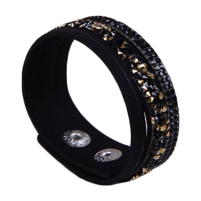 fastboy Unisex Rhinestones Leather Wrap Bracelet with Two Adjuatble Button Clasps