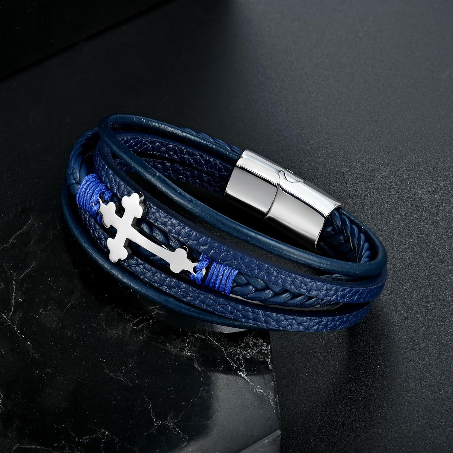 Mens Leather Cross Bracelet Multi-Layer Braided Faith Bracelet Religious Wristband Father's Day Birthday Jewelry Gifts for Men 8.5" Stainless Steel Buckle Bangle
