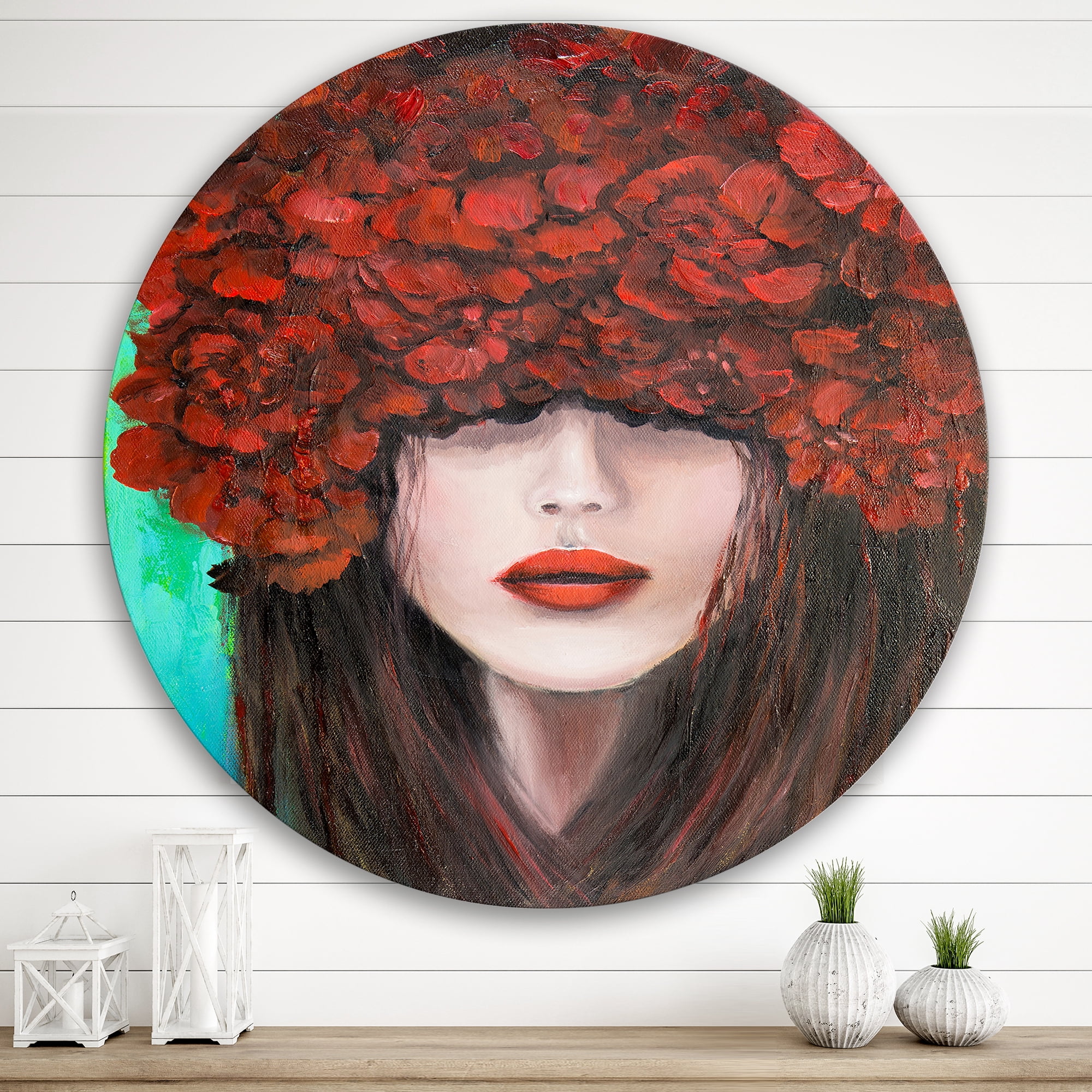 Designart 'Portrait Of A Young Lady With Red Flowers' Modern Circle Metal Wall Art 36x36 - Disc of 36