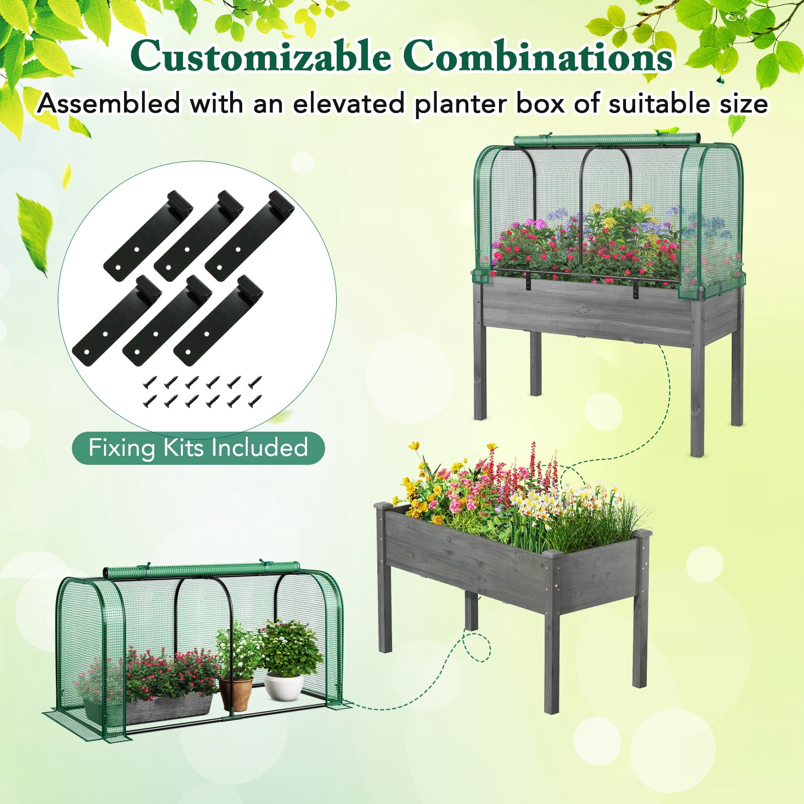 Topbuy Raised Garden Bed with Greenhouse Waterproof Sun-Protective Green Hot House Green+Grey