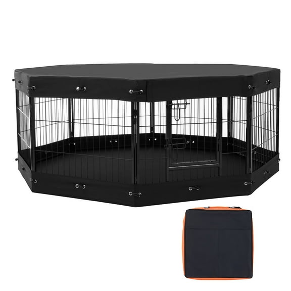 KFFKFF Canine Enclosure, 8 Panels Dog Playpen with Cover and Mat, 24 x 24 in Collapsible Metal Pet Activity Area, Indoor and Outdoor Canine Barrier with Door, Storage Bag