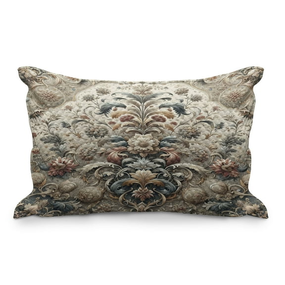 Ambesonne Rococo Quilted Pillowcover, Palatial Flowers Posh Ethnic, 36" x 20", Tan Dark Blue and Pale Ruby