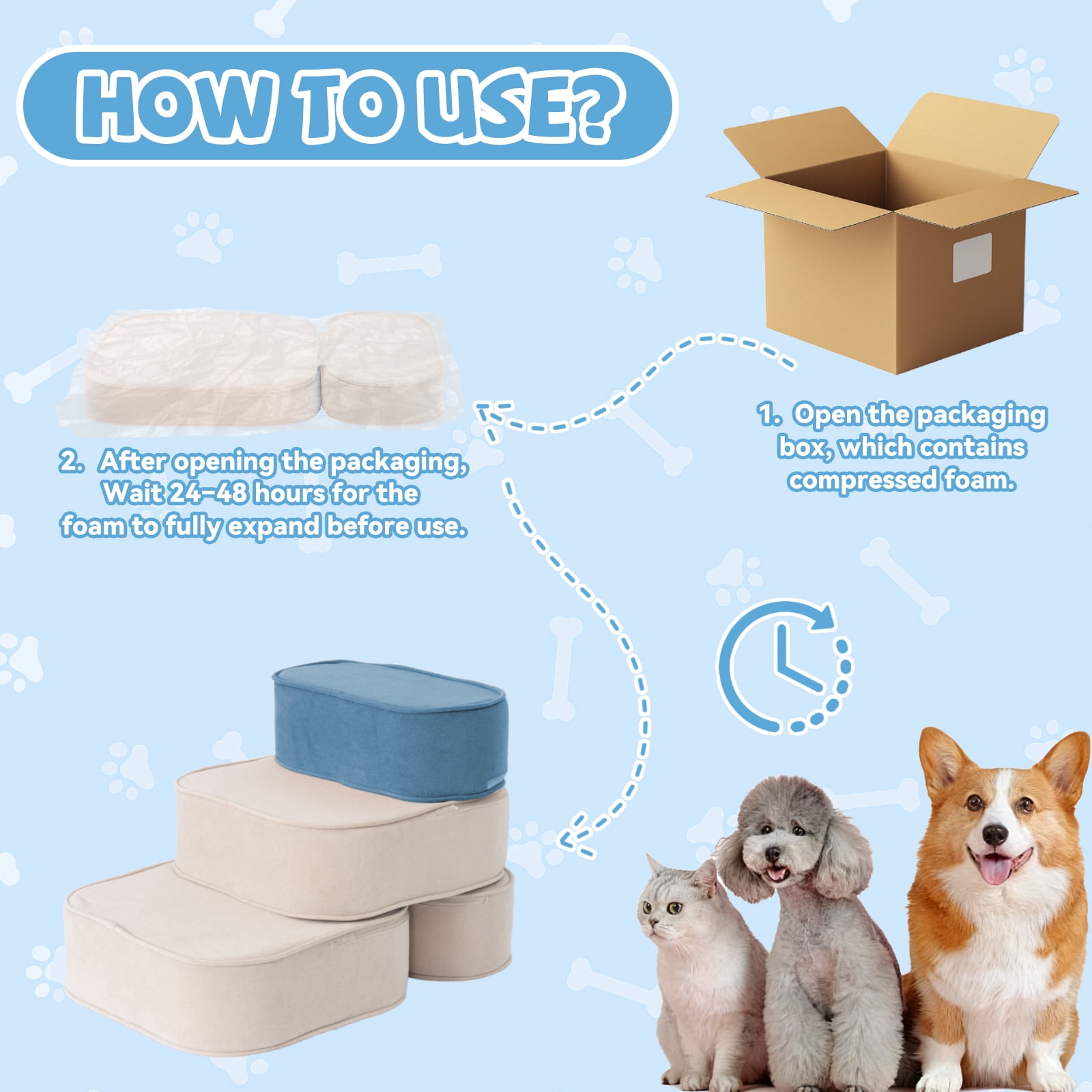Dog Stairs for Small Dogs 17.7" H, 2-in-1 Convertible 3-Step Pet Steps for High Bed & Couch, High Density Foam Dog Ramp with Non-Slip Bottom, Safe for Puppies, Senior Dogs & Cats