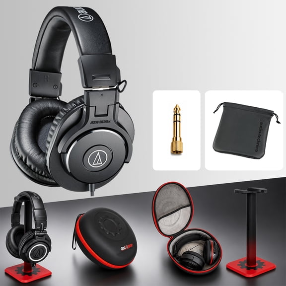 Audio-Technica Professional Headphones ATH-M30X Bundle with Deco Gear Full-Sized Premium Hard Body Professional Headphone Case and Pro Audio Headphone Stand Matte Black/Red