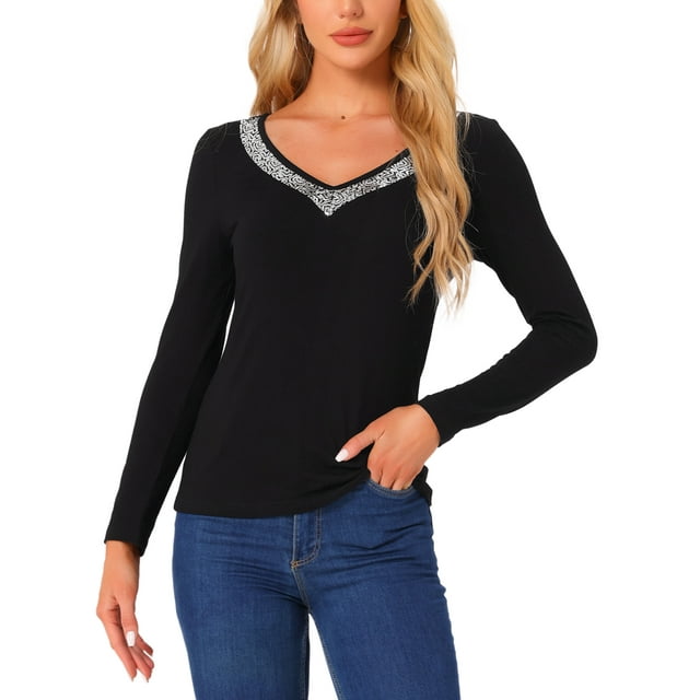 Blusa Casual de Lentejuelas INSPIRE CHIC para Mujer, Manga Larga, Cuello en V, Camiseta Básica, Talla S, Color Negro