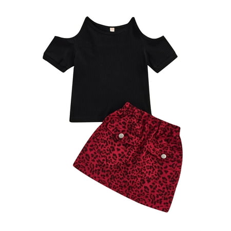 

Canrulo Toddler Baby Girls Summer Clothes Cold Shoulder Short Sleeve Blouse Tops+Red Leopard Print A-line Skirt 2pcs Set Black 4-5 Years
