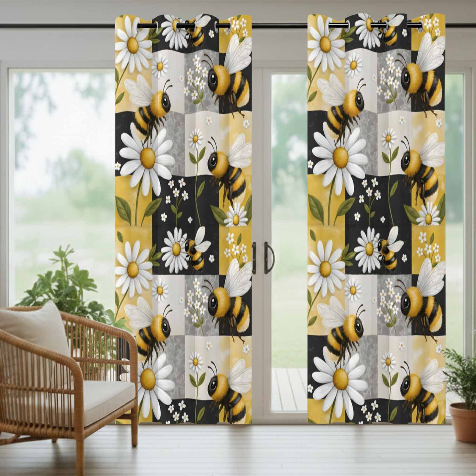 Bees Daisy Outdoor Curtains for Patio, Rustic Countryside Summer Grid Patchwork Sunshade Privacy Drapes Grommet Waterproof Outside Curtains for Porch/Cabana/Balcony 54"x 108", 1 Panel