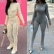 thumbnail image 2 of 2PCS Mujeres Blusa Pantalones Color sólido O Cuello de manga larga con cordón Bodycon Traje informal Abanopi Beige/Pequeña, 2 of 7
