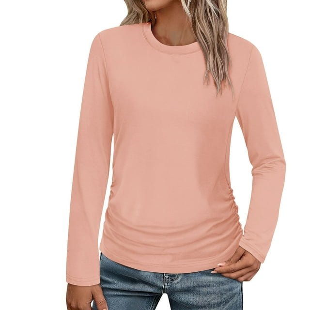 biudgviw Chemises à Manches Longues pour Femmes Col Rond Tunique d'Automne Hauts Décontractés Légers Plissés Travail Bureau T-Shirts Basiques