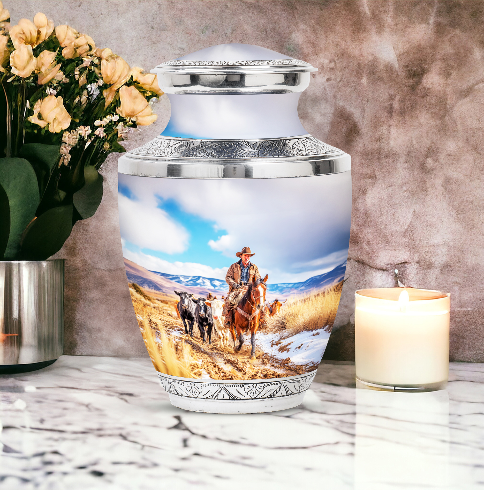 SABURIAL Cowboys Ash Urn for Men & Female - Decorative Urns for Ash - 10 Inch - Large with Velvet Bag - Urns for Human Ashes Large - Human Remains Urn - Memorial Burials for Ashes