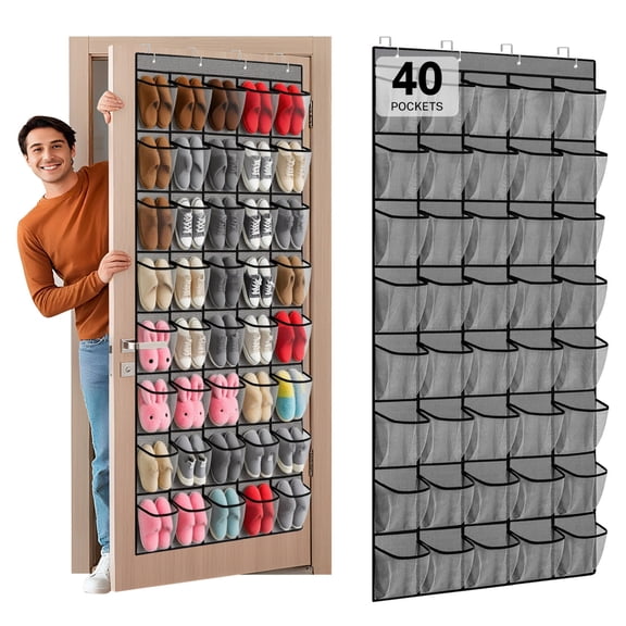 40-Pocket Over the Door Shoe Organizer - Large Mesh Pocket Hanging Shoe Organizer,Behind the Door Shoes Storage Holder Hanger,Large Capacity Design for Dorm Room College,Store 20 Pairs(Grey)