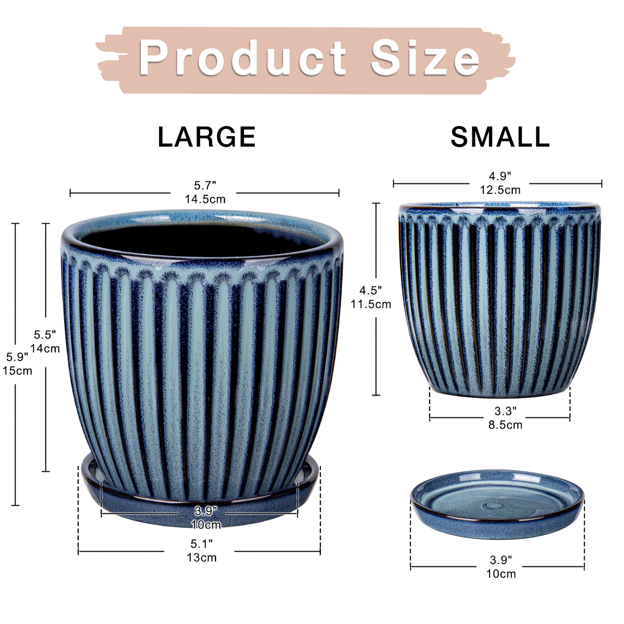 2 Pcs Ceramic Pots 4.9 &5.7 inch Plant Flowers Pots with Saucer and Drainage Holes Blue White Vertical Stripe(Plants are NOT Included)