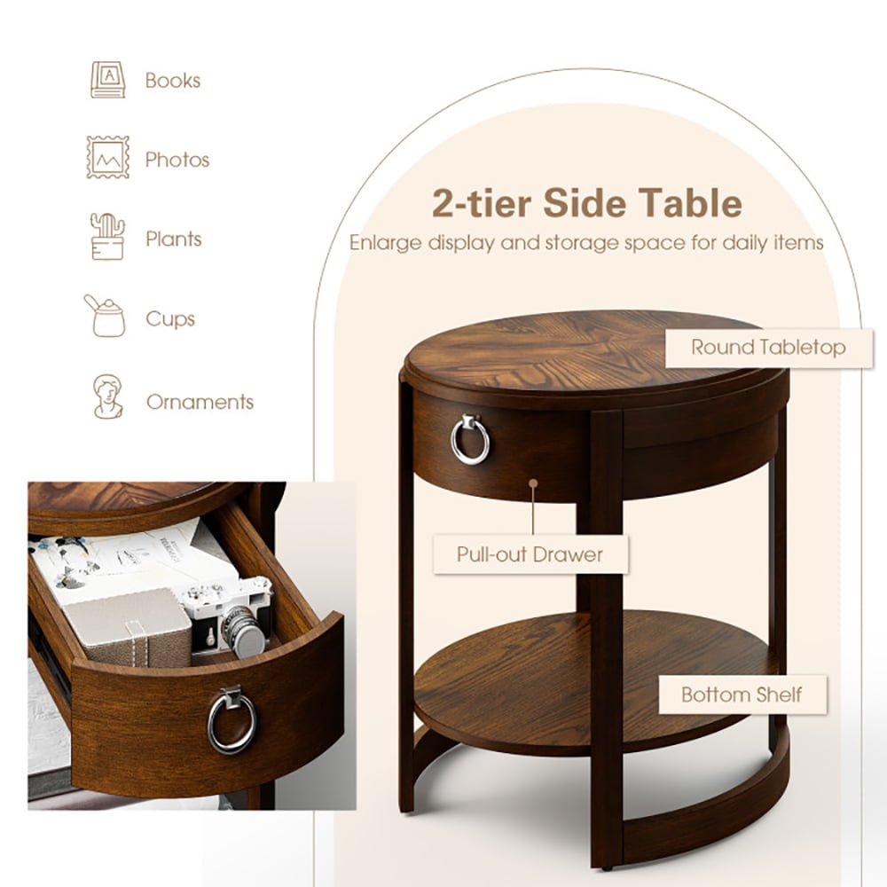 Finihen End Side Table, Sofa Side Table, Bed Side Table, 2-Tier Elliptical End Table with Drawer, for Living Room, Bedroom, Brown Finihen End Side Table, Sofa Side Table, Bed Side Table, 2-Tier Elliptical End Table with Drawer, for Living Room, Bedroom, Brown