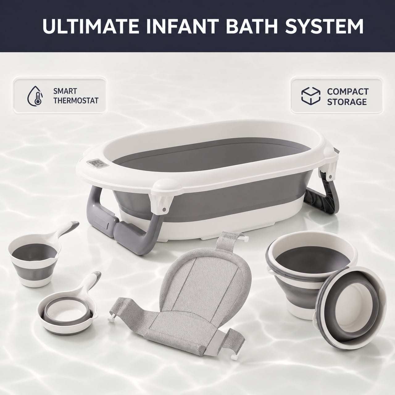 Doulami portable Baby Bathtub with Built-in Thermometer & Soft Bath Cushion, Portable Foldable Infant Bath Tub for Newborn to Toddler 0-36 Months, Comes with Water Scoop & Bucket
