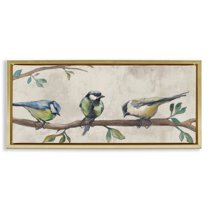 Stupell Industries Perched Songbirds on Branch Animals Painting Gold Floater Framed Canvas Art Print Wall Art, 31 x 14