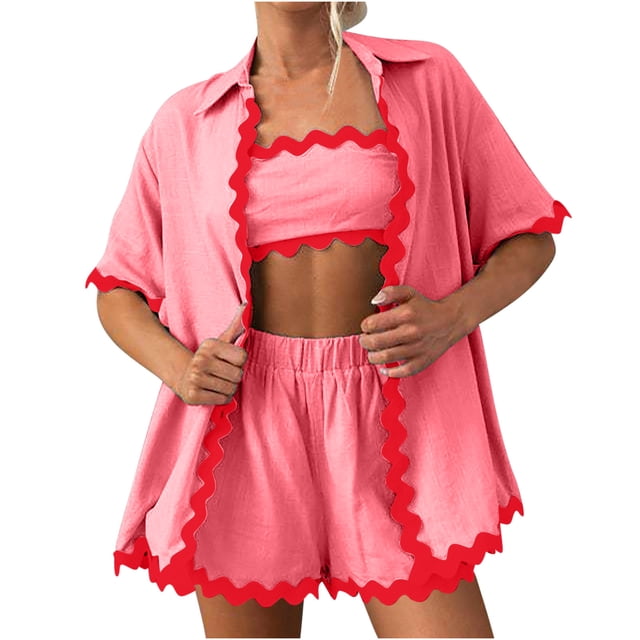 Yuyuzo Ensembles 2 Pcs pour Femmes Ensembles de Pyjamas d'Été Chic Décontracté Chemises à Col en V Shorts à Jambes Larges