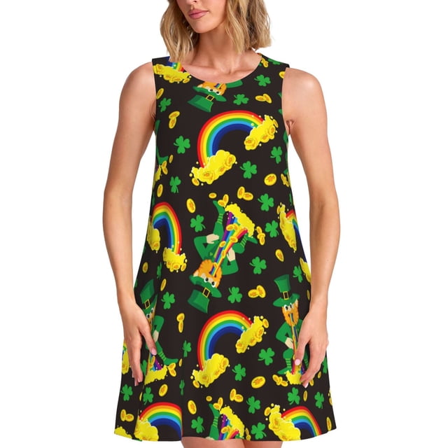 Fotbe Happy St. Patrick's Day Vestido de Verano sin Mangas para Mujer – Vestido Midi Línea A, Estilo Camiseta Floral, Vestido Playero Casual y Fluido