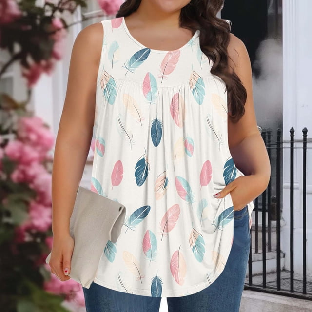 XUNKUSGA Débardeurs Grande Taille pour Femmes Été Sans Manches Tunique Col Rond Décontracté T-Shirts Amples pour Femmes Mode Été Tunique Plissée Florale Blouses, 2TG, Blanc