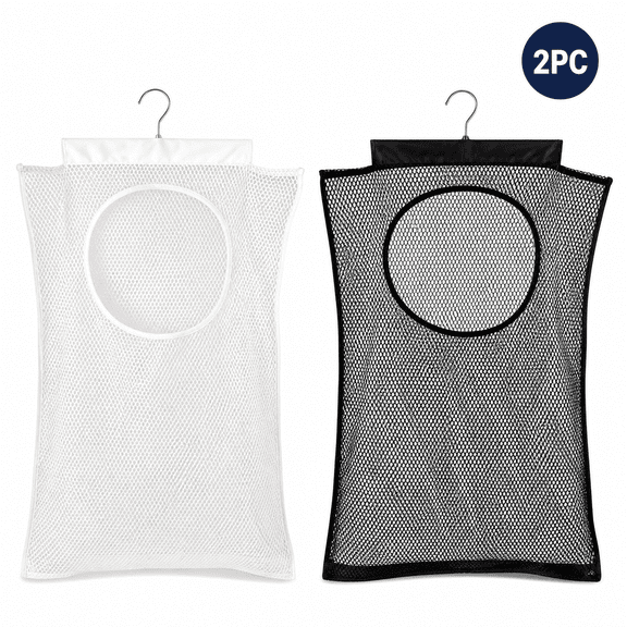 Hanging Laundry Hamper 2 Pack, Over the Door Mesh Laundry Bags with Bottom Zipper and Sturdy Metal Hooks, Foldable Space Saving Clothes Hamper for Bathroom, Bedroom, Closet, Dorm, RV, Black & White