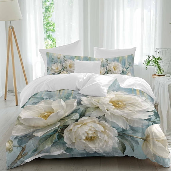 White Peony Bedding Duvet Cover Set Queen Size 4 Pieces, Modern Minimalist Country Pastoral Flowers Teal Leaf Bedding Set with Zipper, 1 Comforter Cover 90x90 Inches 1 Flat Sheet & 2 Pillow Cases